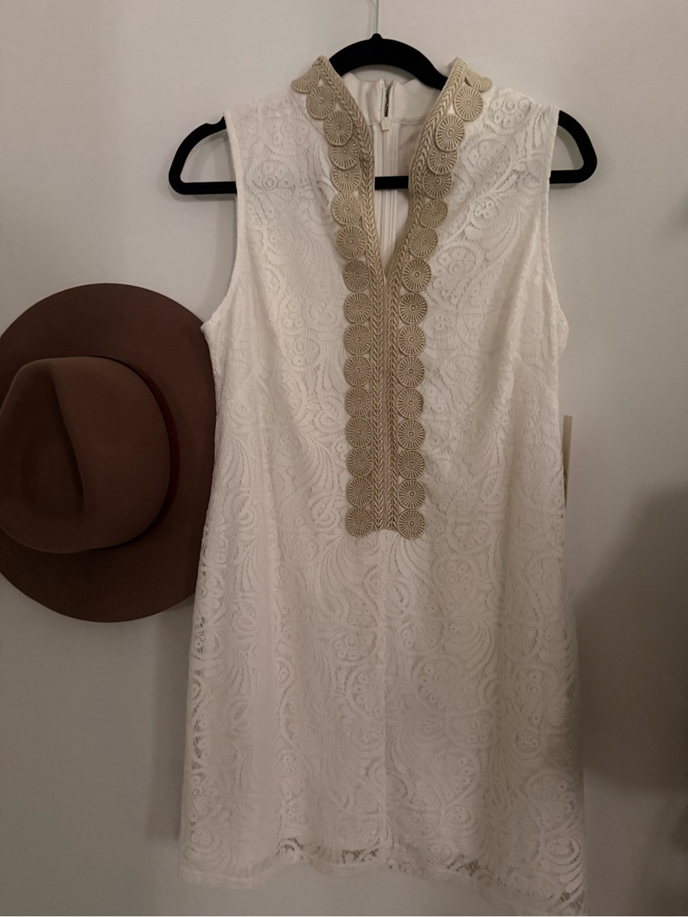 Eliza J White Lace Dress with Gold Scallop Trim